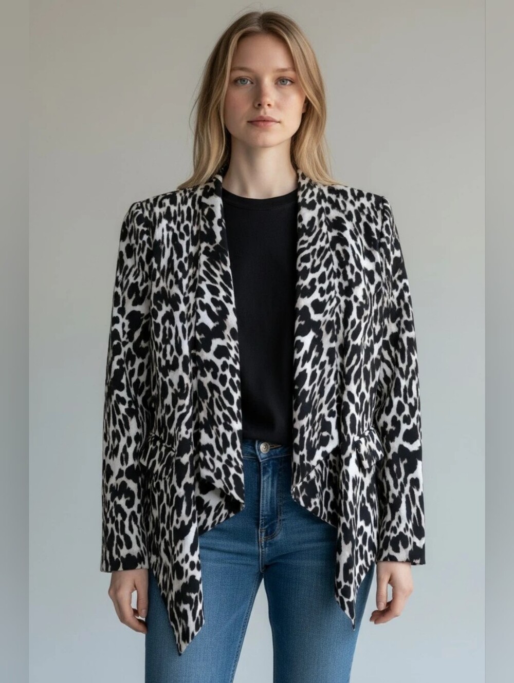 Calvin Klein Black & White Leopard Print Open-Front Blazer Jacket Size 6